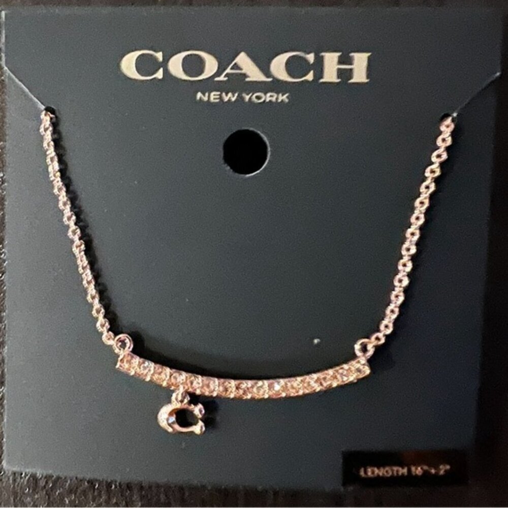 NWT COACH Signature Pave Bar Charm Frontal Necklace Rose Gold w/Crystals 91431
